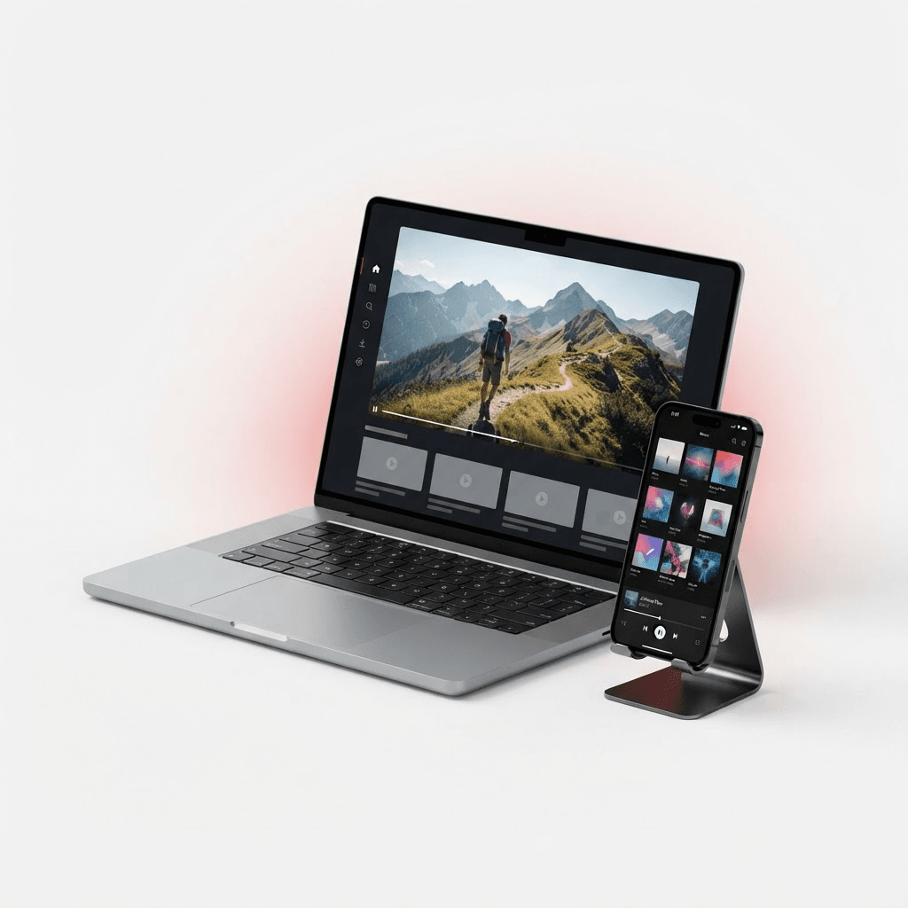 Notebook e celular exibindo uma interface de vídeos e músicas sem anúncios